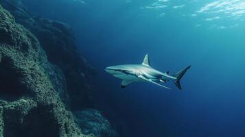 A large shark glides past a rocky underwater scene, showcasing its sleek shape and colors. photo