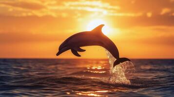 A dolphin leaps from the ocean at sunset, splashing as it soars into the air. photo