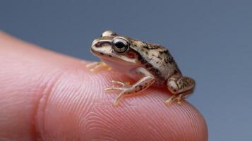 A small frog sits on a fingertip, showcasing its detailed skin texture and curious expression. photo