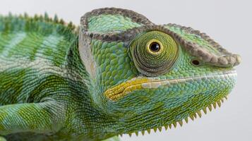 Colorful chameleon with intricate scales and unique eyes rests against a simple backdrop. photo