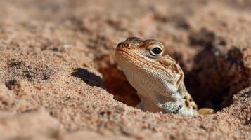 A lizard pokes its head out of a burrow in warm sand, basking in the sunlight. photo