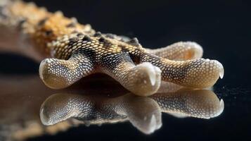 A close-up of a gecko's foot showcasing its unique adhesion and details under studio lights. photo