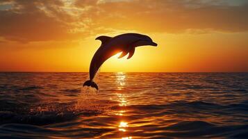 Dolphin performs an impressive leap above the shimmering ocean as the sun sets on the horizon. photo