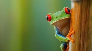 A vibrant frog with red eyes and green skin clings to a bamboo stalk amidst lush greenery. photo