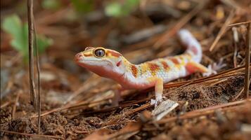 Gecko navigates through pine needles on the forest floor, showcasing vibrant colors in sunlight. photo