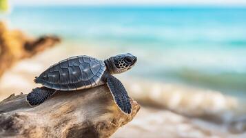 A baby turtle basks on driftwood as gentle ocean waves lap against the shore under a clear sky. photo