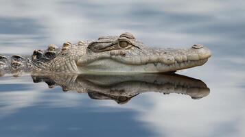 A crocodile glides on calm water, its impressive features reflected in the surface. photo
