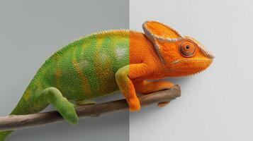 A chameleon displays its ability to change color while perched on a branch, showcasing vibrant hues. photo