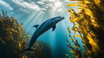 A dolphin glides through underwater kelp, illuminated by sunlight streaming down from above. photo