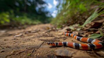 A distinctively patterned snake moves across a sunlit dirt path surrounded by greenery. photo