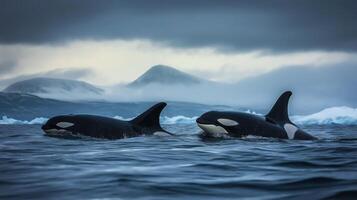 Orcas glide through chilly waters beneath a gray sky, surrounded by distant mountains. photo