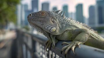 A green iguana rests on a railing with a modern city skyline behind it, enjoying the afternoon. photo