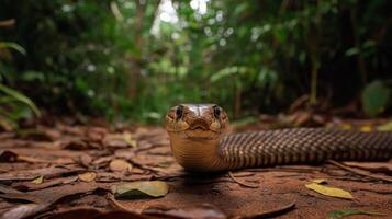 A snake glides over fallen leaves, blending with its natural surroundings in a dense forest. photo