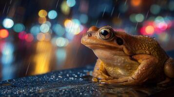 A frog rests on a slick surface as raindrops fall, while urban lights twinkle in the background. photo