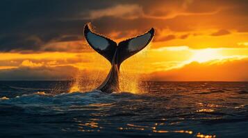 A whale tail breaches the water at sunset, creating a stunning display of light. photo