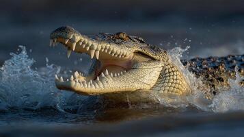 Water splashes around a crocodile as it lunges forward, revealing sharp teeth in its open mouth. photo