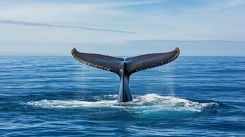 A whale tail breaks the surface of calm water in a serene ocean setting during the day. photo
