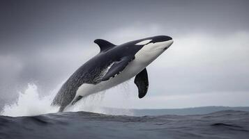 An orca leaps out of the water, creating a splash, against a backdrop of grey clouds at dawn. photo
