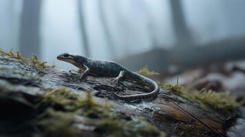 A small lizard is perched on a damp, mossy log in a misty forest at dawn. photo