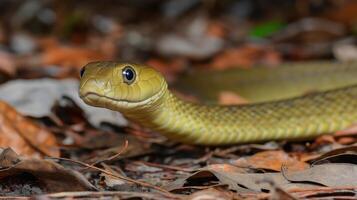 A vibrant green snake moves gracefully among fallen leaves in a serene forest setting. photo