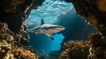 A shark explores the colorful coral tunnel, surrounded by diverse marine life and clear blue waters. photo
