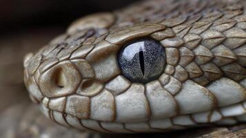 Close-up view of a snake reveals unique scales and captivating eye features in its natural habitat. photo