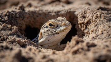 A lizard carefully emerges from its sandy burrow, showcasing its distinctive features in daylight. photo