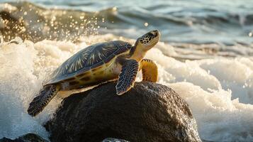 A sea turtle is perched on a rock by the shore while waves crash around it under the sun. photo
