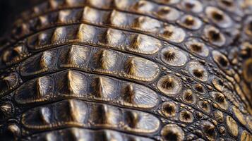 Detailed textures of crocodile skin are illuminated, revealing its unique patterns and colors. photo