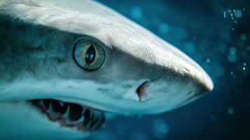 A shark glides smoothly in deep blue waters, flaunting its sharp teeth and vivid patterns. photo