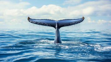 Whale tail emerges from the water, sending droplets flying in the clear ocean on a sunny day. photo