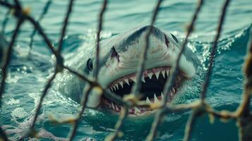 Shark approaches underwater cage, revealing its sharp teeth and powerful presence in the sea. photo