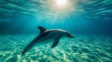 A dolphin glides through clear waters, creating a serene, sunlit atmosphere. photo