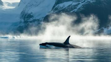 An orca gracefully swims through tranquil icy waters surrounded by mist and towering mountains. photo