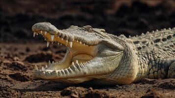 Large crocodile basks under the sun on a muddy terrain, showcasing powerful jaws and scales. photo