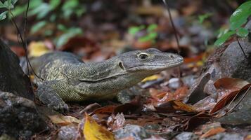 A lizard is resting on the ground surrounded by colorful autumn leaves in a forest. photo
