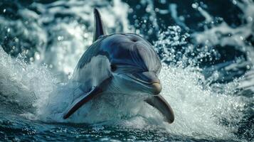 A dolphin joyfully breaking the surface of the ocean, creating splashes in bright sunlight. photo