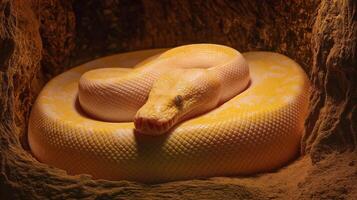 An albino python rests peacefully in its habitat, showcasing vibrant colors and textures. photo