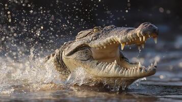 A large crocodile leaps from the water, causing splashes, under the warm glow of a setting sun. photo