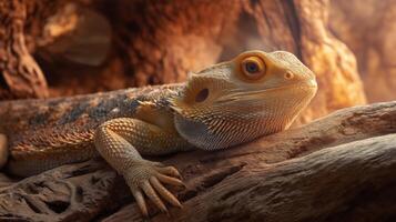 A bearded dragon lounges on a log, basking in soft, warm light in its natural habitat. photo