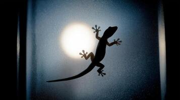 A small lizard sits on frosted glass, backlit to create a dramatic silhouette. photo