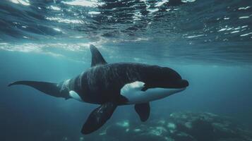 An orca glides through azure waters, dazzling in the shimmering sunlight. photo