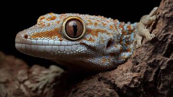 A vibrant-patterned gecko rests on wood, highlighting its unique textures in low light. photo