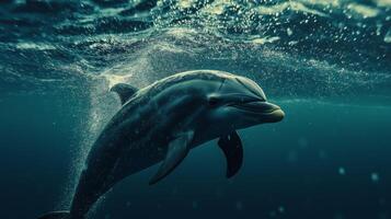 A dolphin is gliding effortlessly through clear water, surrounded by bubbles and sunlight. photo