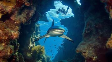 A large shark glides through a coral passage surrounded by vibrant marine life in clear water. photo