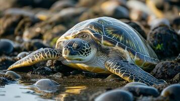 A green sea turtle is resting on smooth rocks near gentle waves at dawn in a serene coastal area. photo