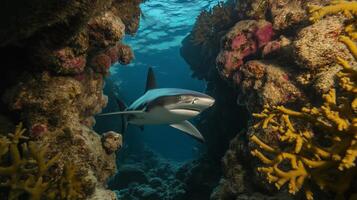 A shark glides effortlessly between vibrant coral formations under bright sunlight. photo