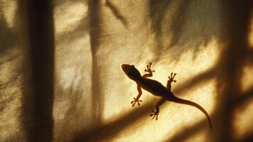 A lizard is climbing on a curtain, creating a striking silhouette in the warm evening light. photo