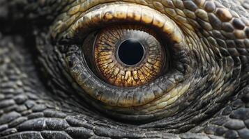 A detailed close-up reveals the unique patterns and colors of a reptile's eye under natural light. photo