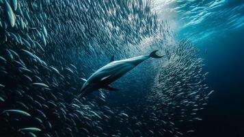 A dolphin maneuvers playfully through a dense school of tiny fish in deep blue waters. photo